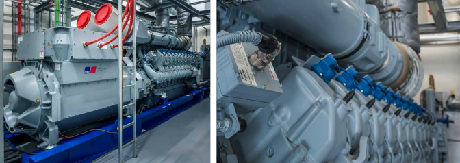 Industriell mtu-gassmotor inne i anlegget og nærbilde av mtu-motorkomponenter.