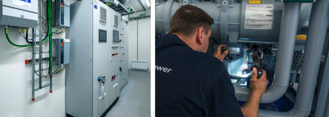 Tekniker inspiserer kontrollpaneler inne i anlegget.