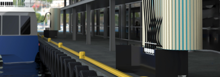 Nærbilde av en ladestasjon for elektriske ferger ved en moderne havn. Nærbilde av en ladestasjon for elektriske ferger ved en moderne havn.