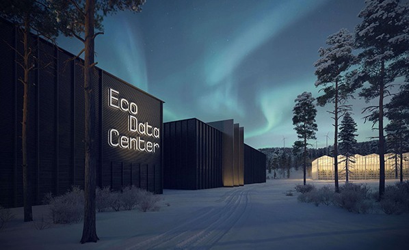 Eksteriørbilde av EcoDataCenter-bygningen om vinteren med trær. Eksteriørbilde av EcoDataCenter-bygningen om vinteren med trær.